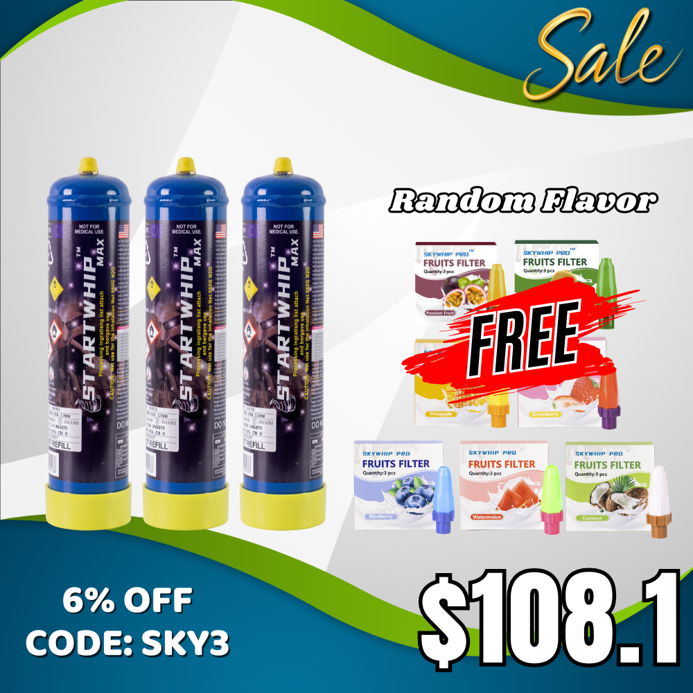 Hot Sale - 3 tanks Cream Chargers N2O Startwhip Max 660G + 1 Box Free Flavoured Silent Nozzles
