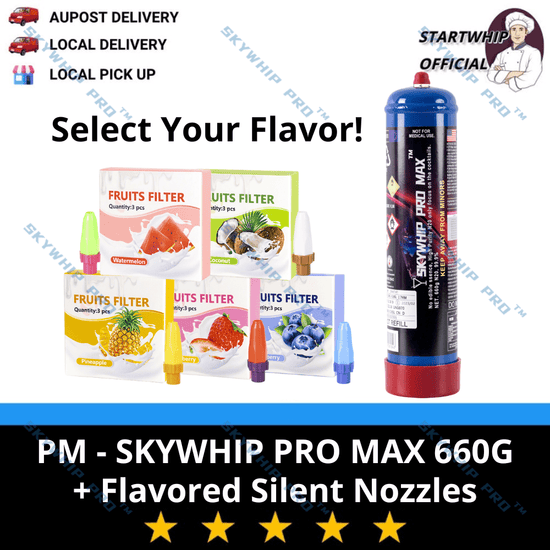 [6% off code: SKY3] PM - Skywhip Pro Max 660g Cream Chargers + Flavored Silent Nozzles