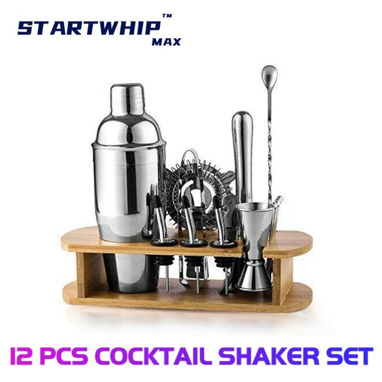 1 X Bartender Kit with Bamboo Stand, 12 Pcs Cocktail Shaker Set, Steel Bar Tool Set - Startwhip Max AU